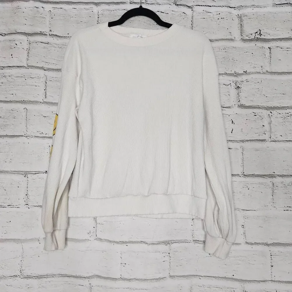 Ces Femme Womens White Ribbed Smiley Face Long Sleeve Pullover Sweatshirt Medium